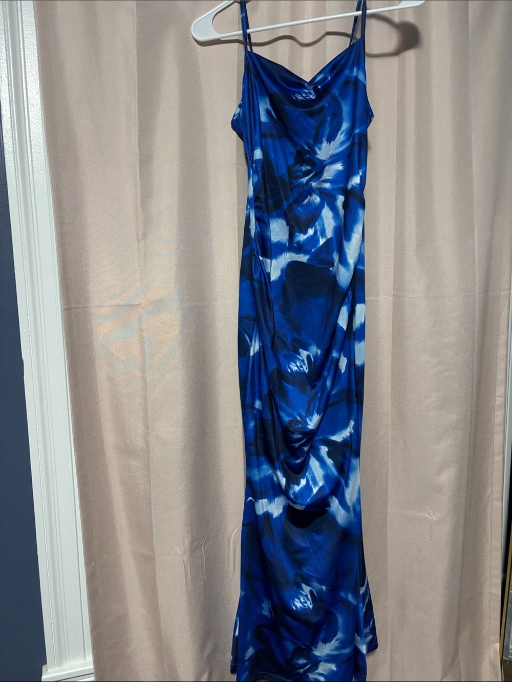 Blue Floral Satin Slip Dress - Women's Evening Dress